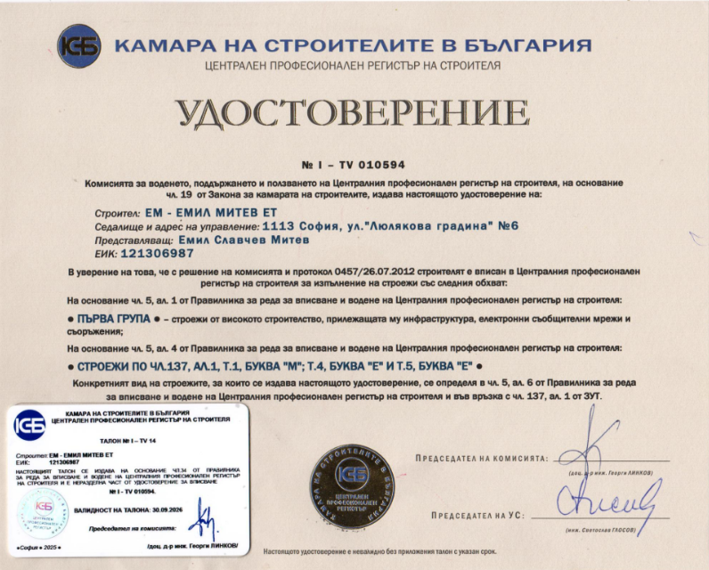 Удостоверение № I-TV 010594 - ЦПРС, чл. 137